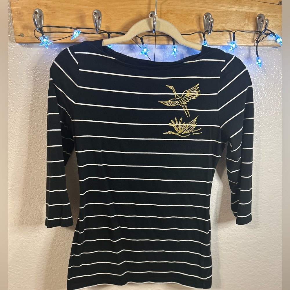 Blouse, cotton. Gold birds, black and white stripes.